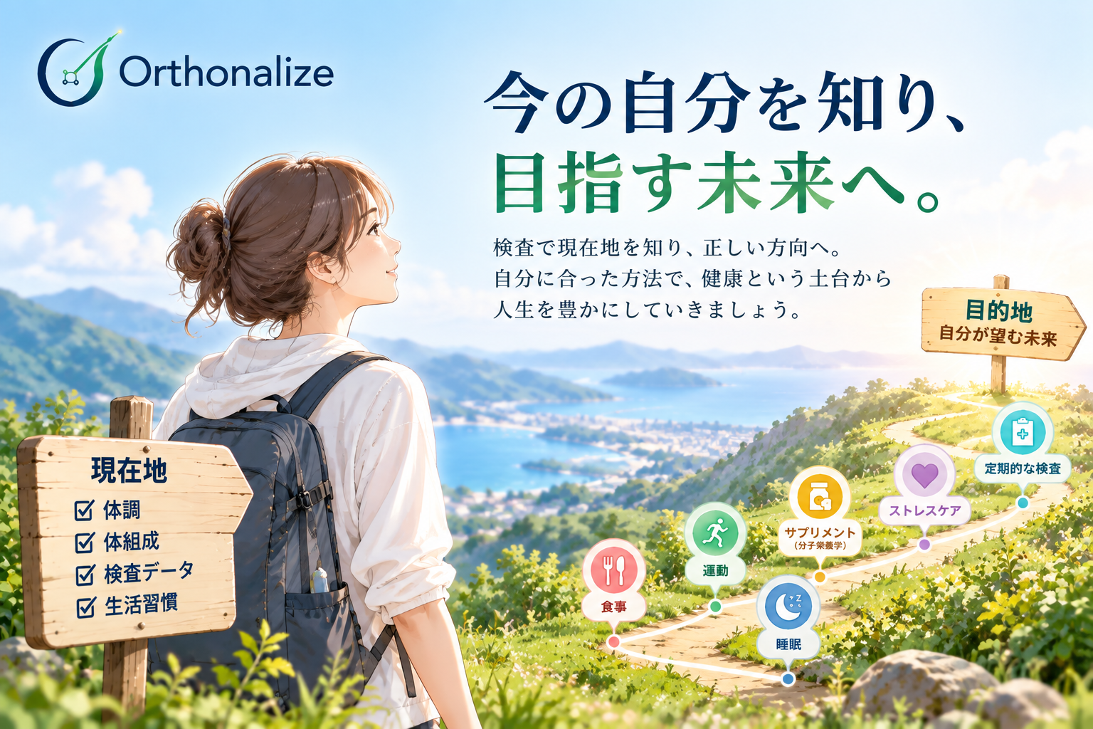 分子栄養学で自分を知る|血液検査・体組成・生活から現在地を知り目指す未来へ進むイメージ