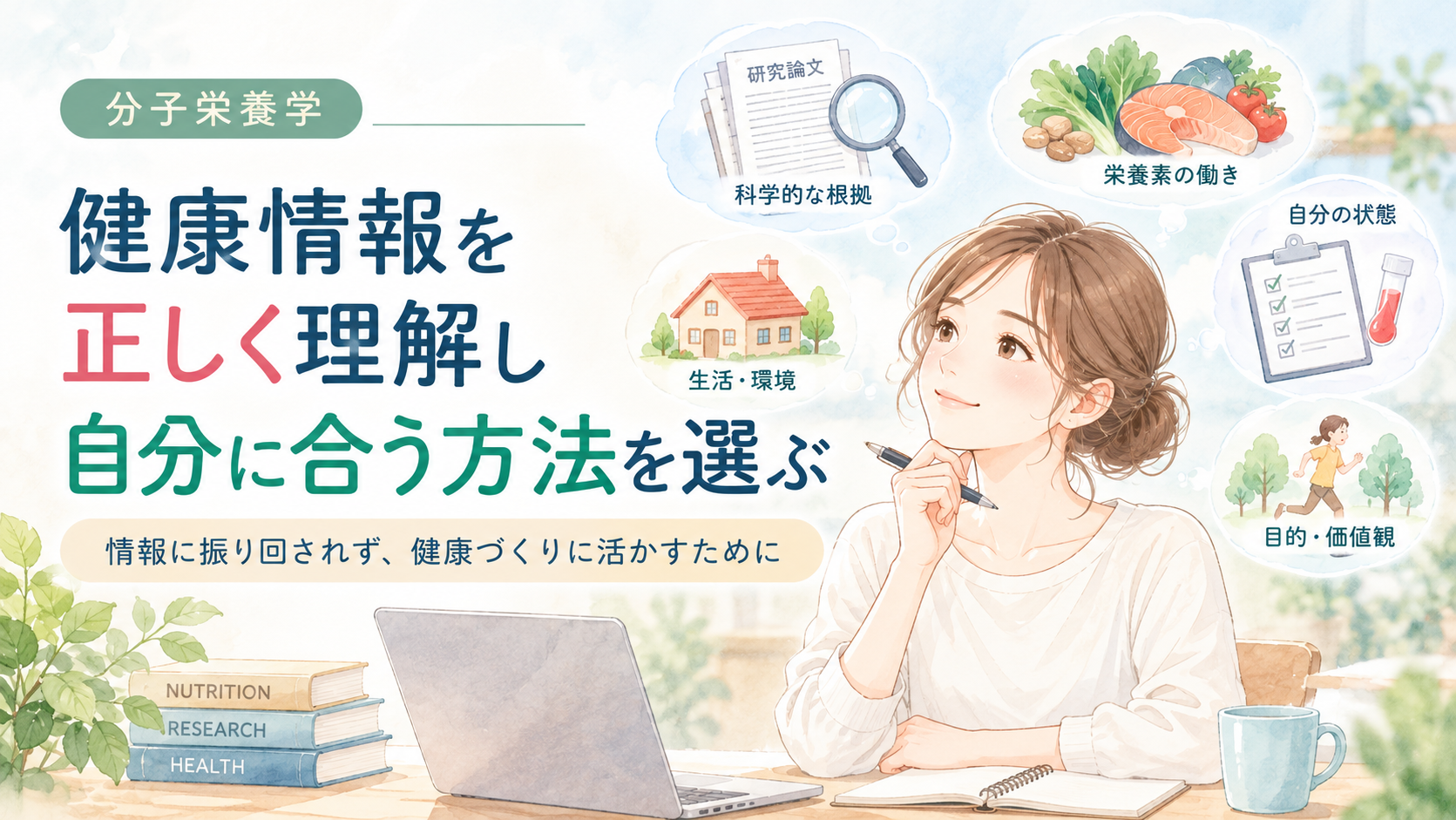 分子栄養学の健康情報を正しく理解し、自分に合った方法を選ぶために、科学的根拠や身体の状態、生活環境を考える女性のイラスト